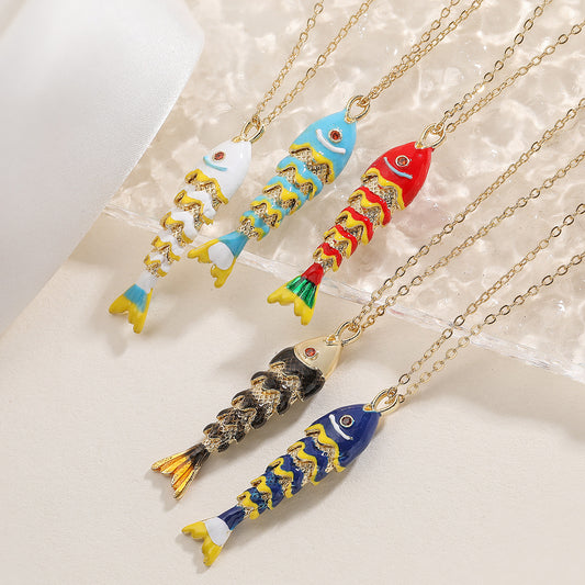 Minimalist Geometric Drip Oil Gold Plated Brass Koi Pendant Necklace for Women