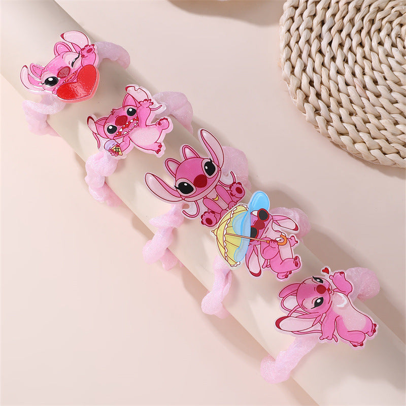 Cute Pink Stitch Hair Tie for Girls Cartoon Character Elastic Ponytail Holder Knitted Bow Headband Accessory