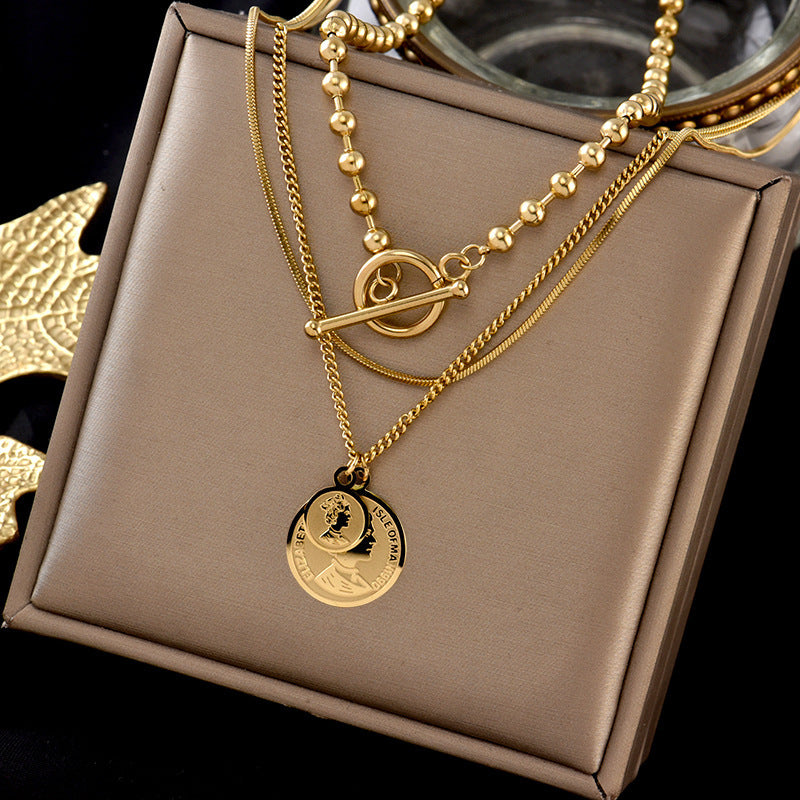 Collana vintage a sospensione multipla geometrica rotonda da donna con catena in acciaio al titanio e finitura placcata