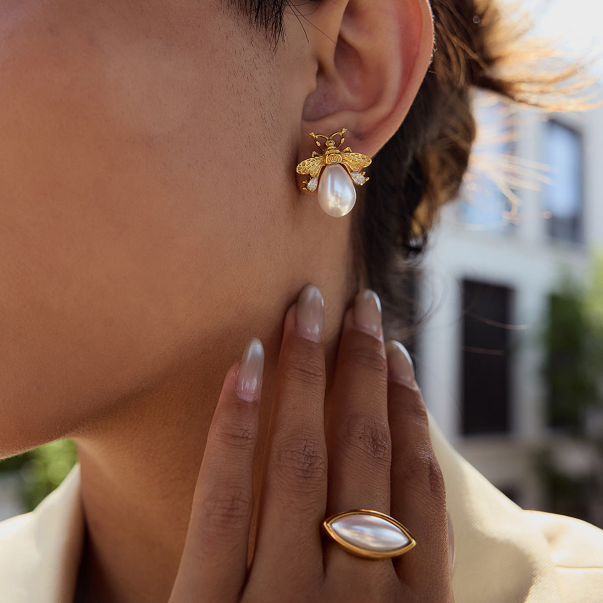 Minimalist Elegant Geometric Pearl Inlay Stainless Steel Earrings for Women