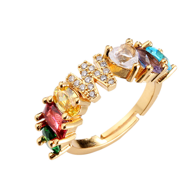 Hand-Set Cubic Zirconia Letter Open Ring Gold Plated Brass Adjustable Women