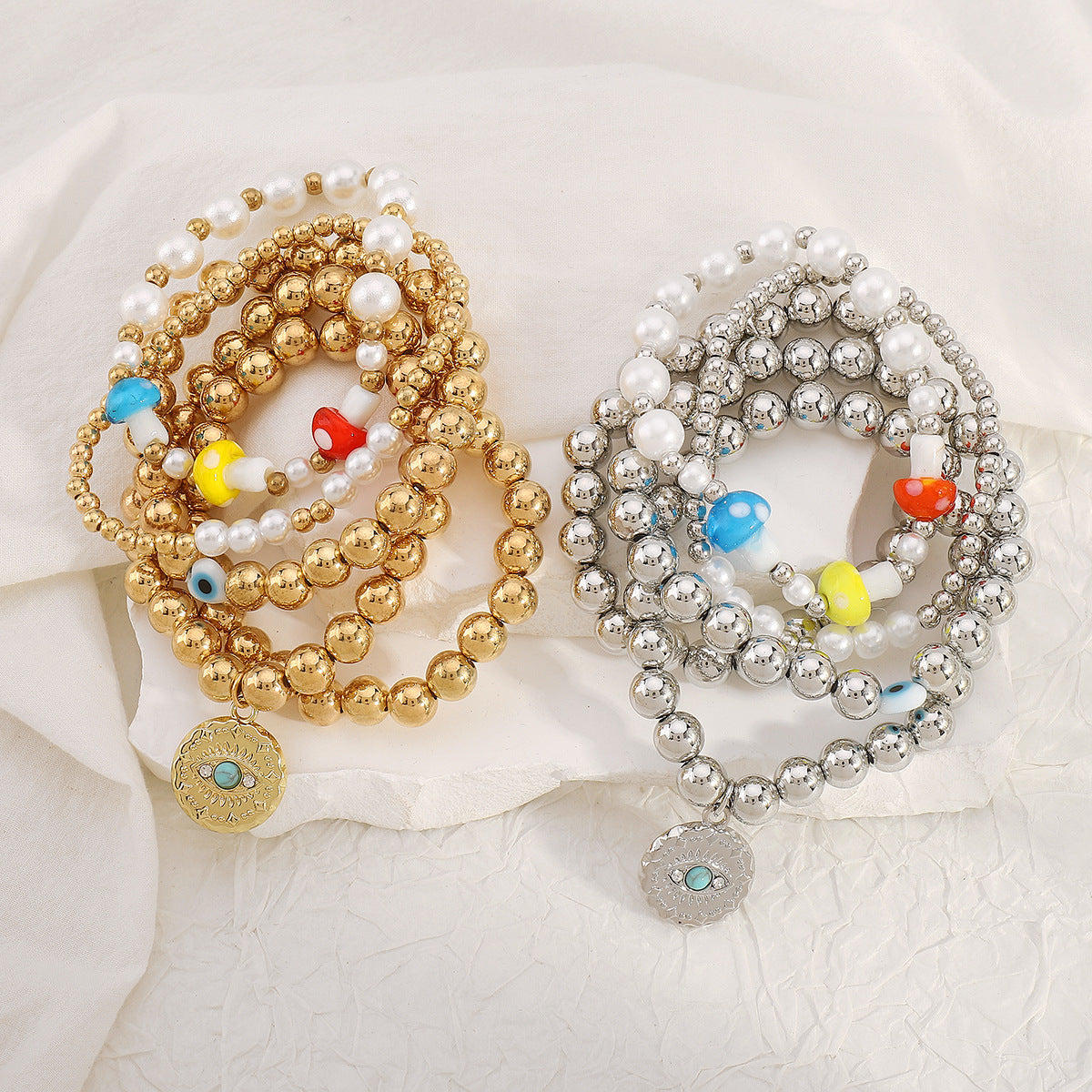 Minimalist Mushroom Eye Pendant Bracelet Set for Women with CCB Beads Alloy and Imitation Pearl Handmade Woven Design