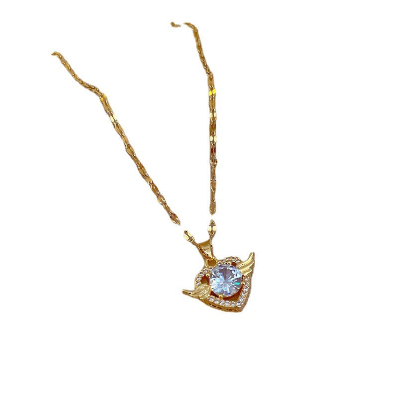 Luxury Minimalist Titanium Steel Micro-Paved Heart Pendant Necklace for Women Clavicle Chain Geometric Design