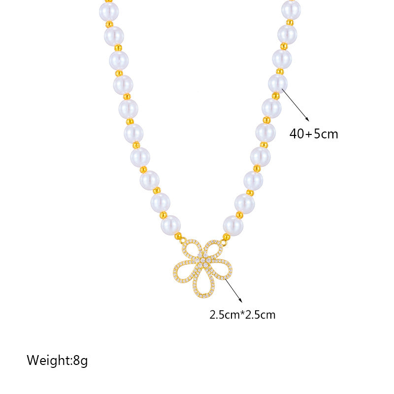 Vintage-Inspired Floral Pearl Necklace with Rhinestone Accents, Titanium Steel Plated, Handwoven Chain for Women