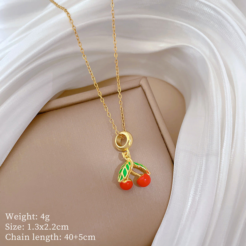 Cartoon Style Cherry and Leaf Pendant Necklace with Enamel Finish in Stainless Steel for Women and Men