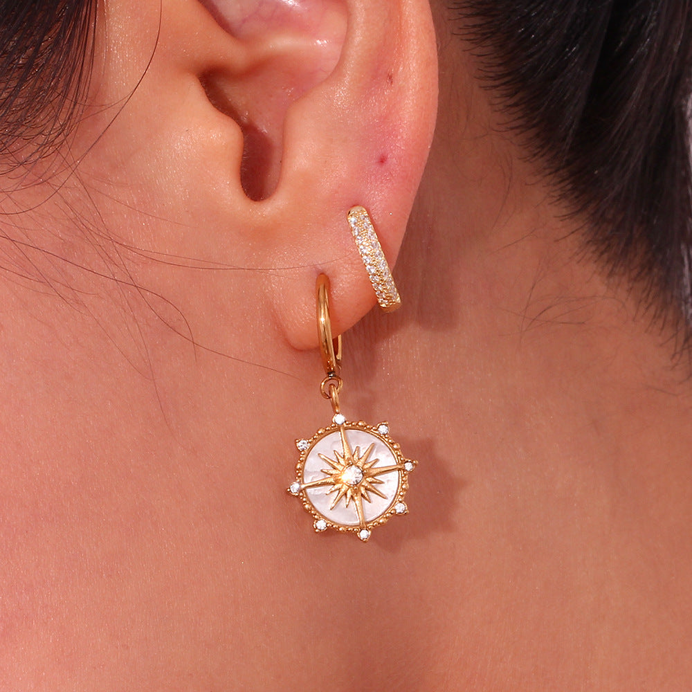 Vintage-Inspired Geometric Compass Earrings for Women Stainless Steel with 18K Gold Plating Star Pendant