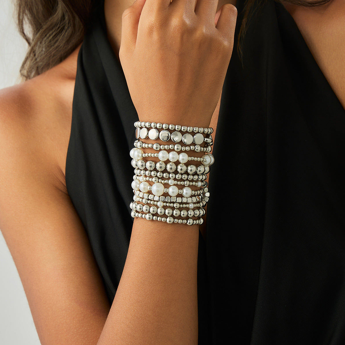 Minimalist Geometric Acrylic Beaded Stretch Bracelet Set with Cross Charm for Women