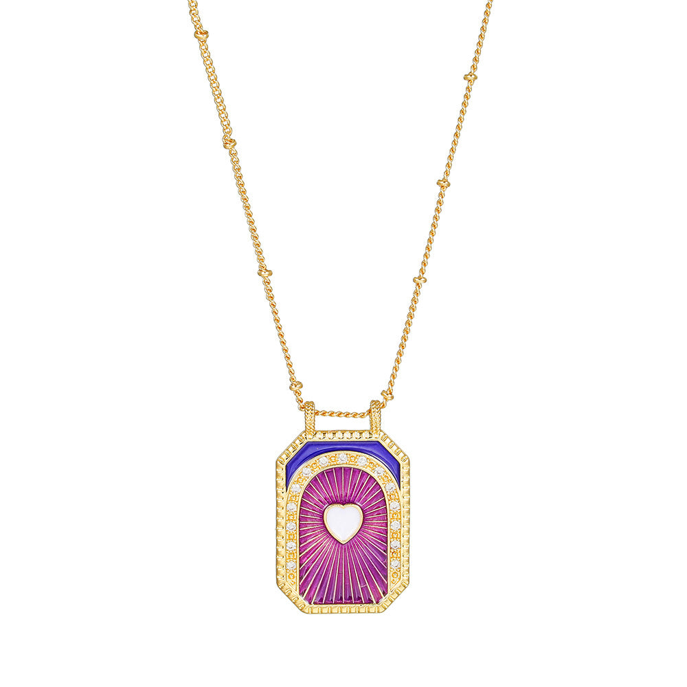 Geometric Gold Plated Brass Drip Oil Cubic Zirconia Inlay Tarot Necklace with Cable Chain