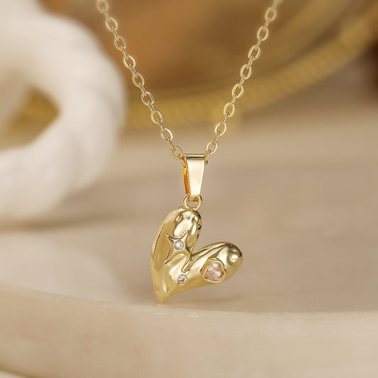 Minimalist Heart-Shaped Copper Pendant Necklace with Real Gold Plating and Zircon Inlay for Women