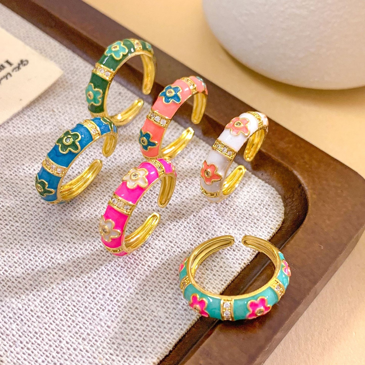 Sweet Floral Enamel Drip Oil Brass Ring with Cubic Zirconia Inlay 18K Gold Plated Adjustable for Women