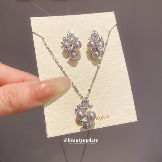 Elegant French-Style Floral Pearl Necklace and Earrings Set with Rhinestone Accents, Plated Finish, Clavicle Chain, for Women