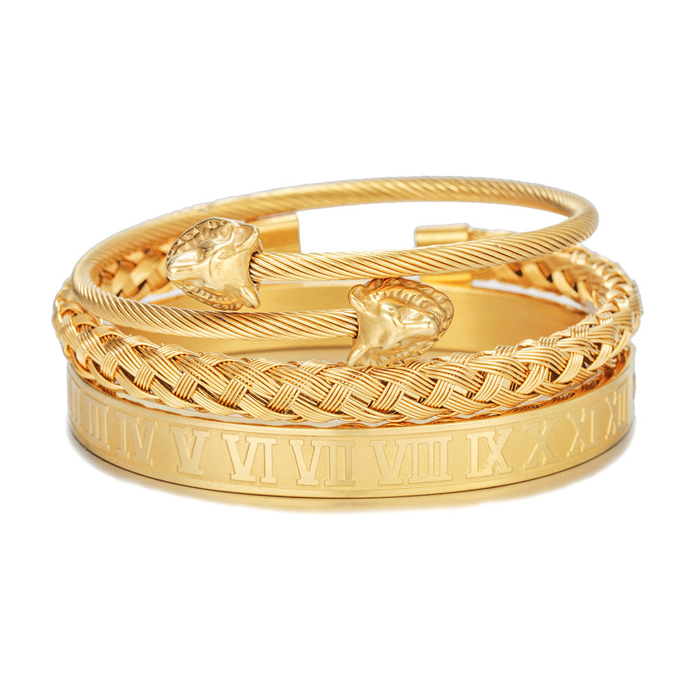 Personalized Wolf Head Roman Numeral Woven Titanium Steel Bracelet Set for Men and Women