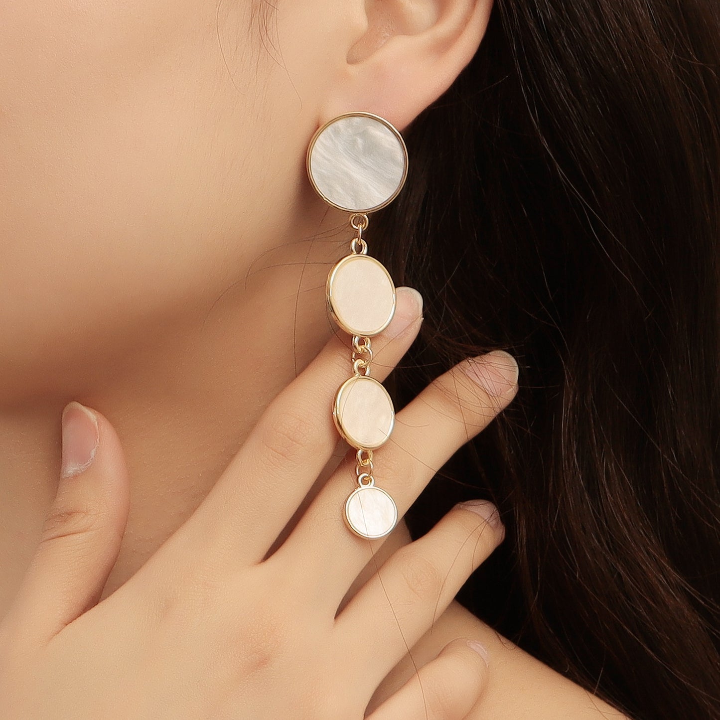 Vintage Minimalist Geometric Alloy Stud Earrings with White Mother-of-Pearl and Moon Motif