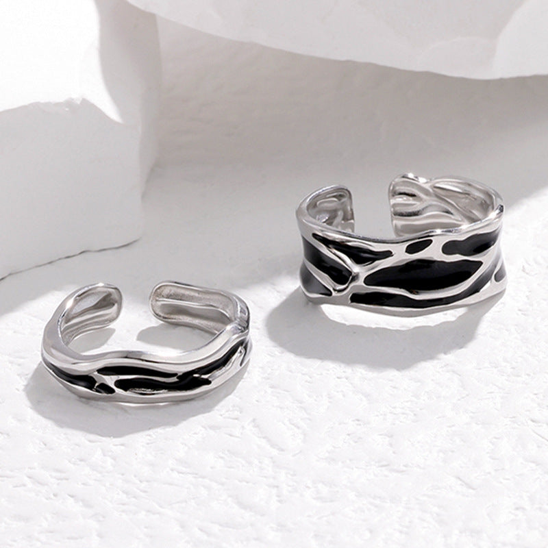 Minimalist Stainless Steel Adjustable Couple Rings with Enamel Finish, Irregular Shape Stackable Fashion Rings for Men and Women