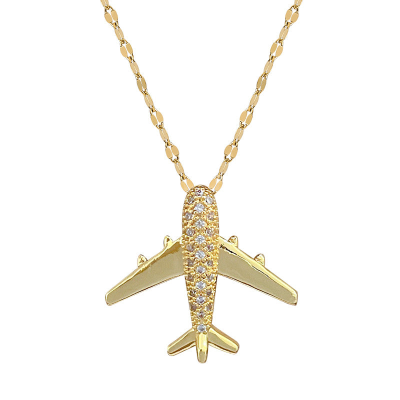 Collar con colgante de avión de lujo con diamantes de imitación, cadena de clavícula geométrica de acero de titanio