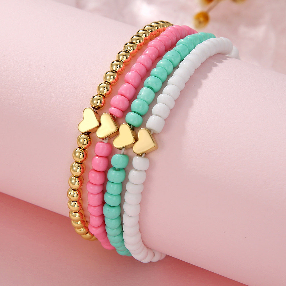 Bohemian Minimalist Sweet Heart Geometric Seed Bead Alloy Bracelet Set Handmade Women Jewelry