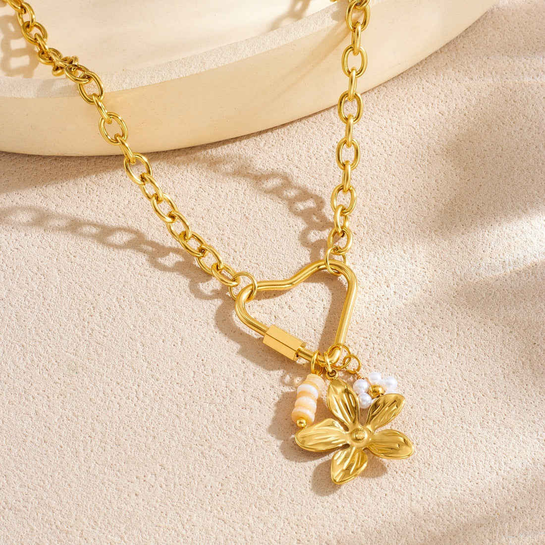 Casual Gold Plated Heart Lily of the Valley Pearl Pendant Stainless Steel Curb Chain Necklace for Women