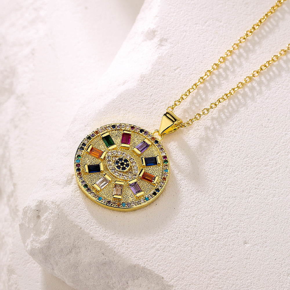 Collana pendente con occhio turco geometrico minimalista in rame placcato oro 18 carati e zirconi, da donna