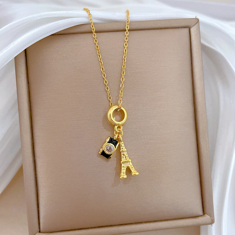 Sweet Geometric Camera Tower Rhinestone Plated Titanium Steel Necklace for Unisex