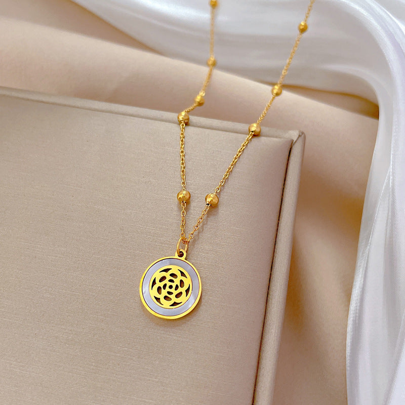 Minimalist Geometric Titanium Steel Necklace with Gold Plating for Women Featuring Camellia and Seashell Design Locket Pendant