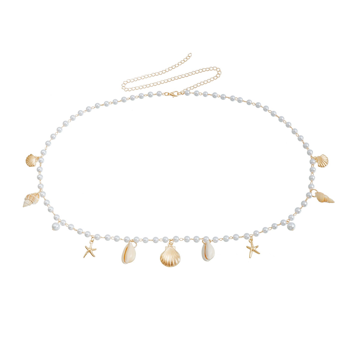 Cadena de cintura de metal estilo punk casual para mujer con detalles de perlas y broche de langosta, cadena de cuerpo de verano con temática playera