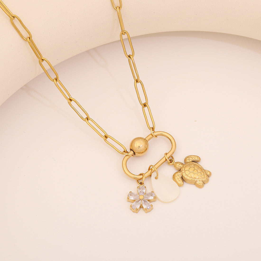 Plated Stainless Steel Starfish & Shell Animal Charm Bar Necklace for Women