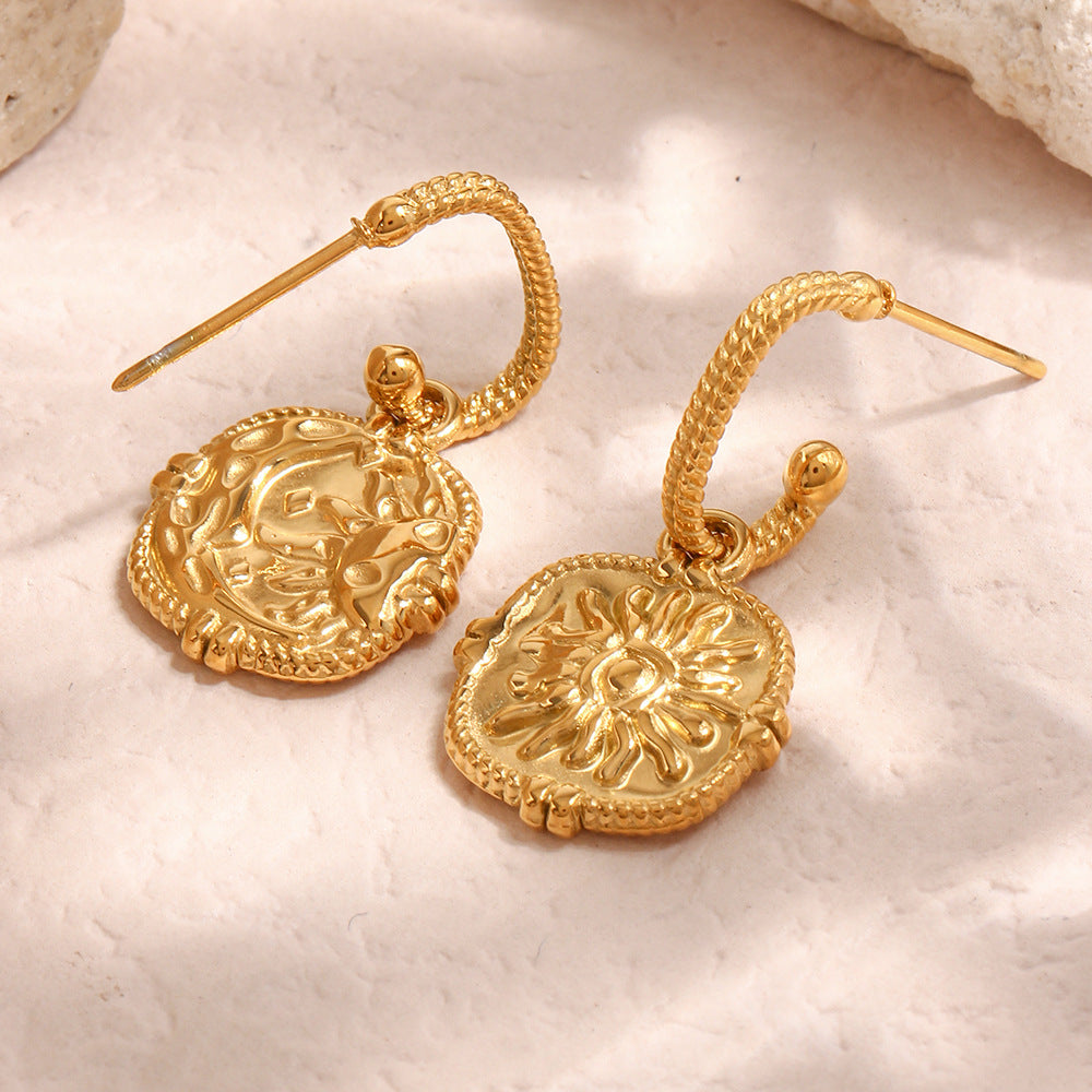 Minimalist Retro Geometric Stainless Steel Earrings with 18K Gold Plating and Sun Texture for Women