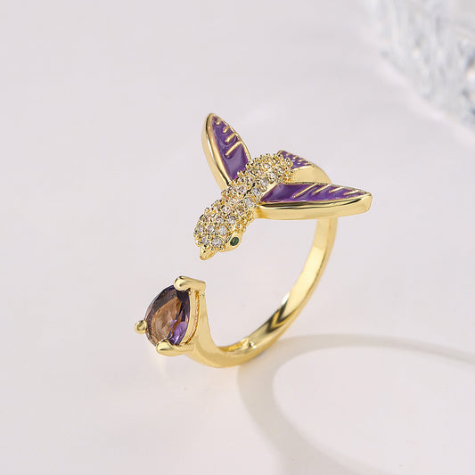 Creative 18K Gold Plated Brass Drip Oil Cubic Zirconia Animal Geometric Ring for Women