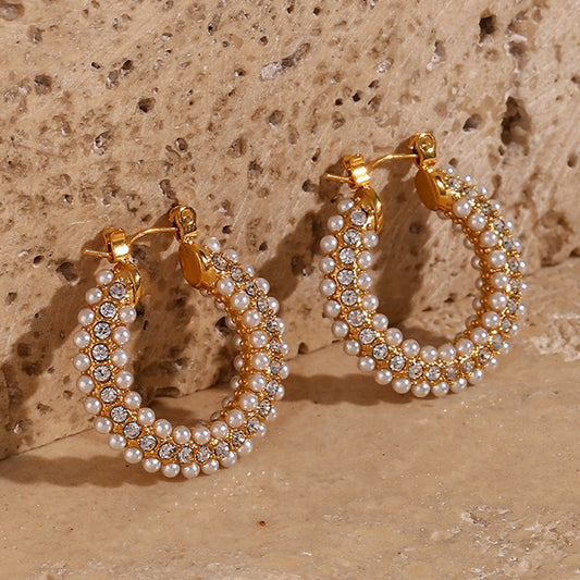 Pendientes de Aro Minimalistas de Lujo de Acero Inoxidable con Baño de Oro de 18K con Incrustaciones de Circonita y Perla para Mujer