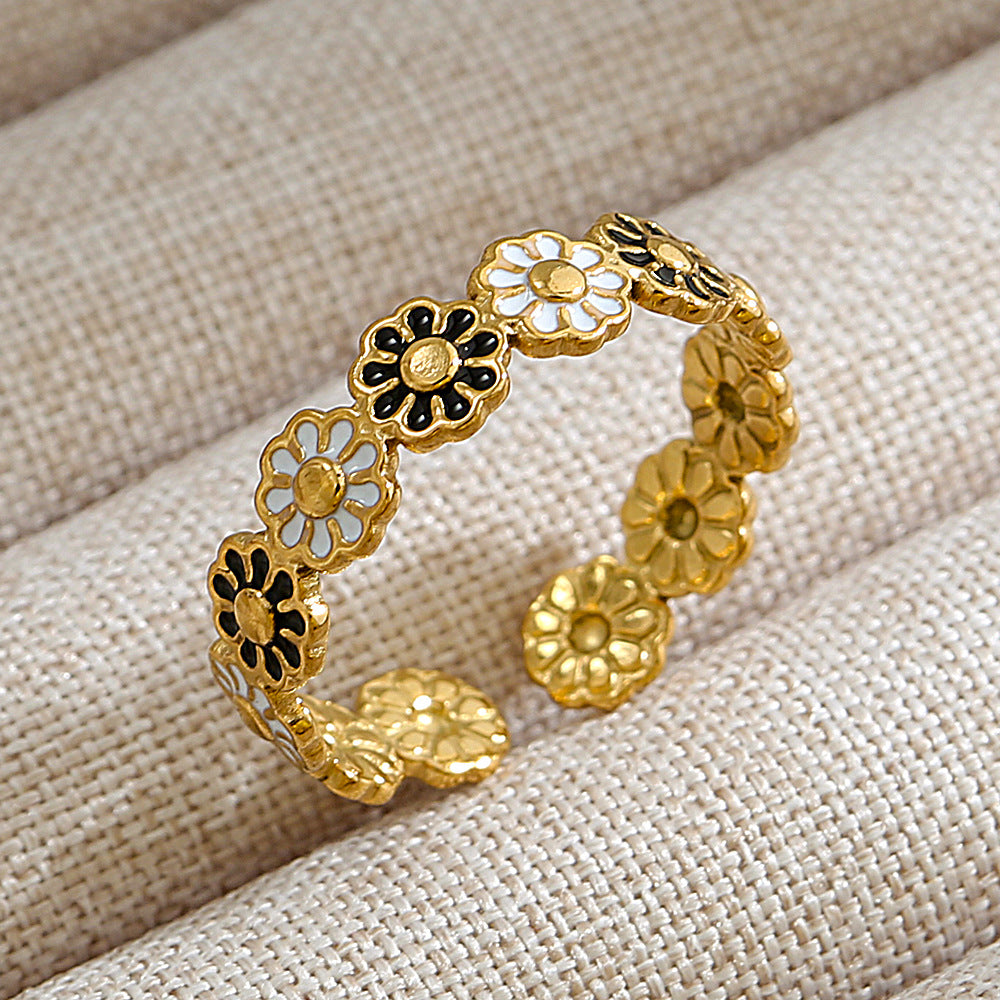 Anillo de Acero Titanio en Forma de U Geométrico Estilo Punk con Baño de Oro de 18K y Piedra Ovalada de Lava Micro-Pavé
