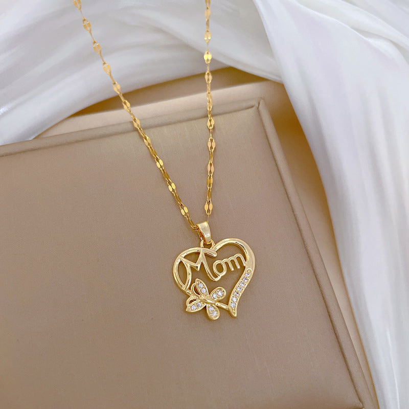 Minimalist Heart and Butterfly Pendant Necklace in Titanium Steel with Rhinestone Inlay for Women and Unisex Wear