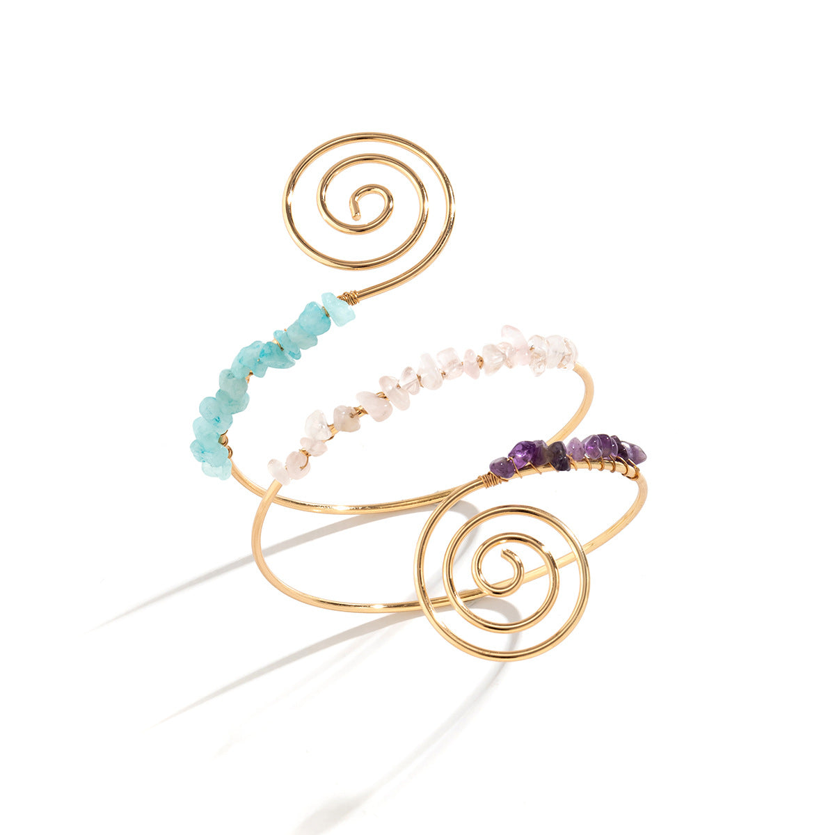 Ethnic Vintage Spiral Beaded Arm Cuff Bracelet with Irregular Asymmetrical Design in Plated Metal