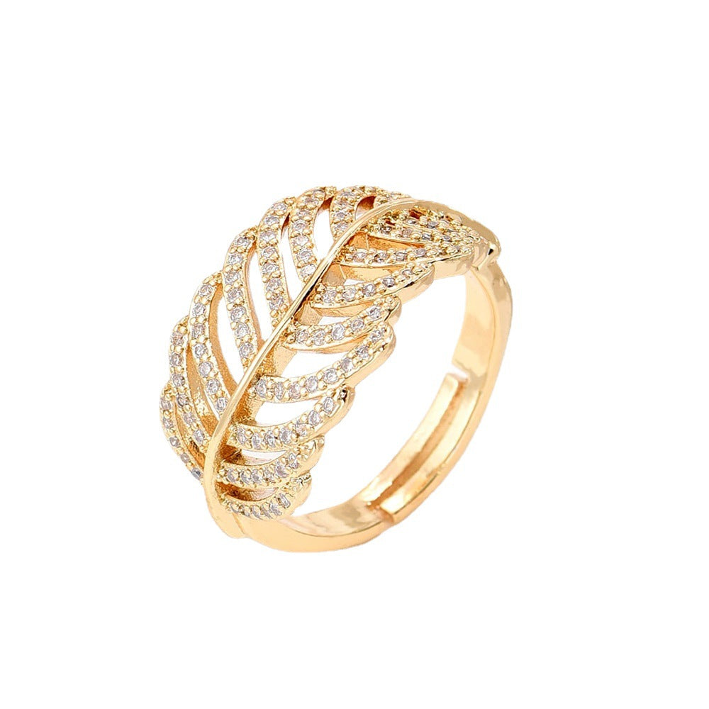Geometric Leaf-Shaped Open Ring for Women Made of Brass with Real Gold Plating and Micro-Paved Zirconia