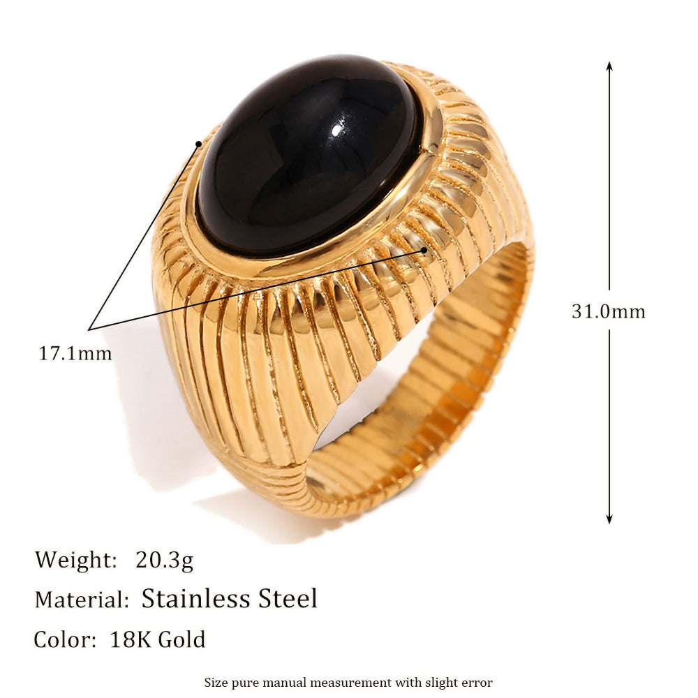 Anello da donna in agata nera placcato oro 18 carati in acciaio inossidabile con geometria in stile vintage