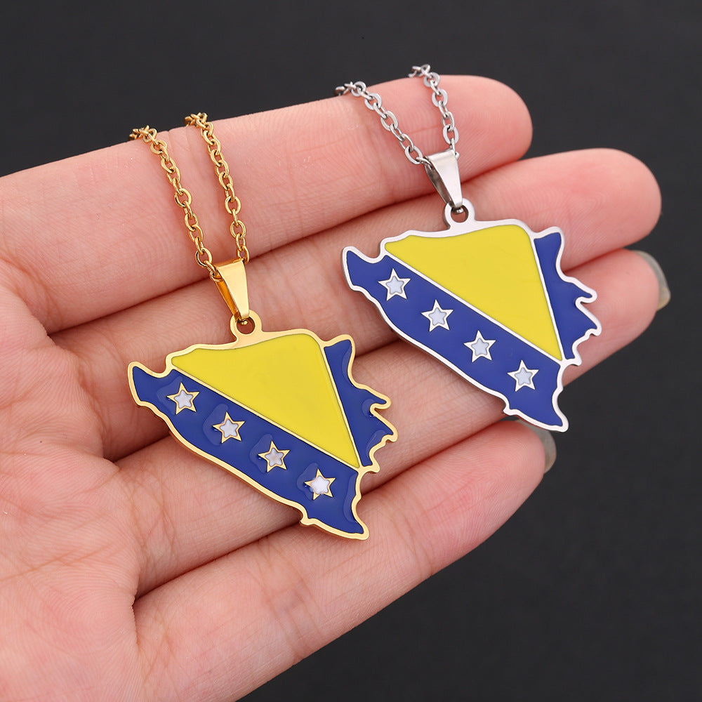 Collar con colgante de mapa geométrico de estilo étnico de Bosnia y Herzegovina en acero inoxidable con dije de acero de titanio, cadena en O galvanizada, unisex