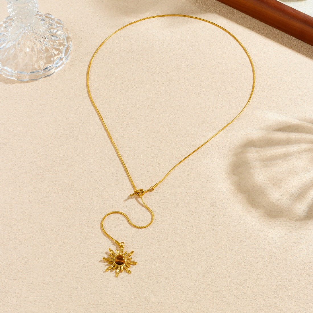 Vintage Gold Plated Sun Stainless Steel Pendant Snake Chain Necklace for Women