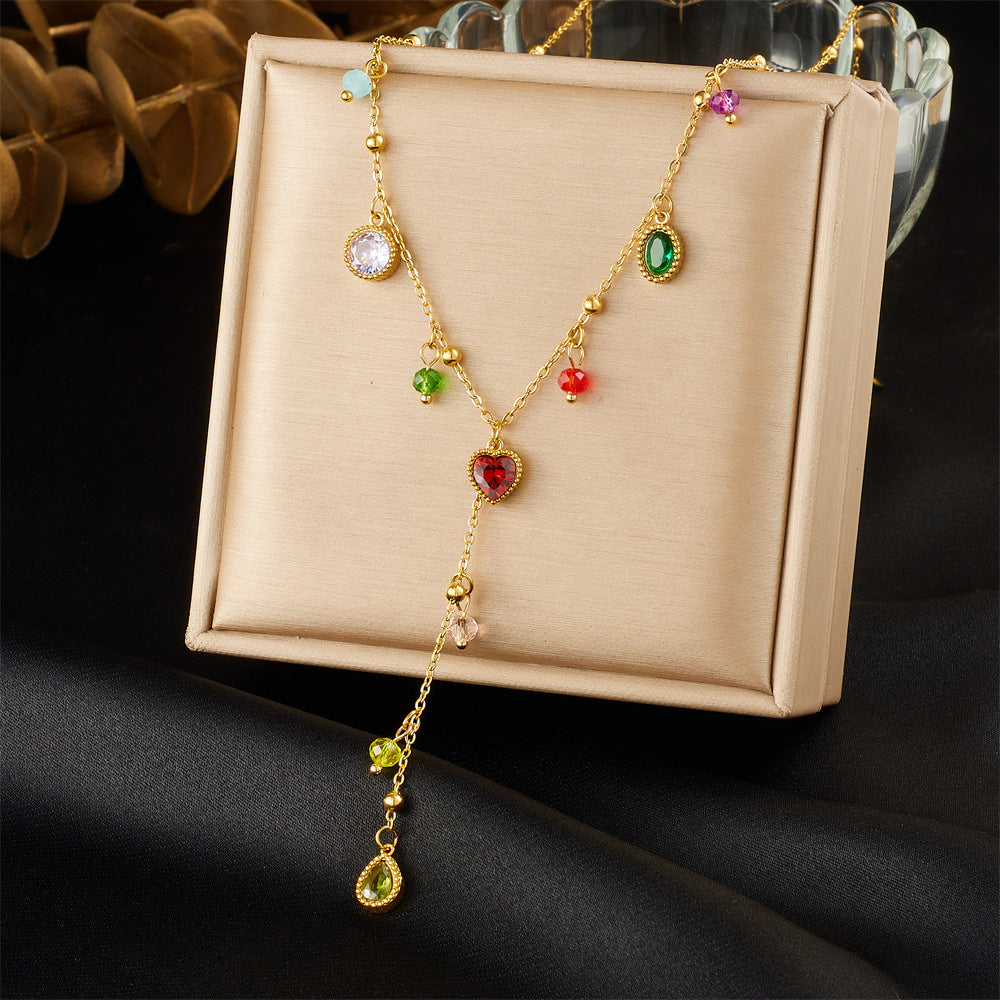 Sweet Geometric Strawberry Drip Oil Rhinestone Crystal Plated Stainless Steel Y-Necklace for Women