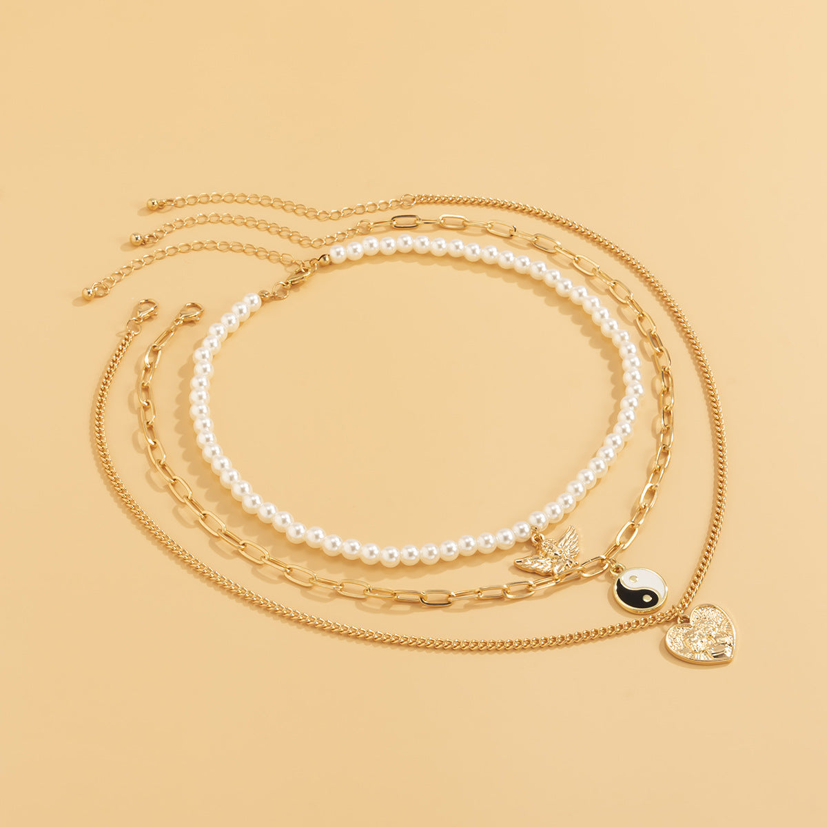 Punk Sweet Drip Oil Alloy Heart Pendant Imitation Pearl Ball Chain Necklace