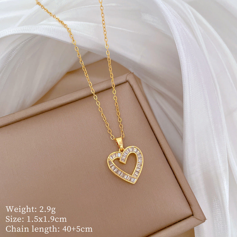 Geometric Minimalist Titanium Steel Lip Chain Necklace with Copper Pendant and Rhinestone Inlay