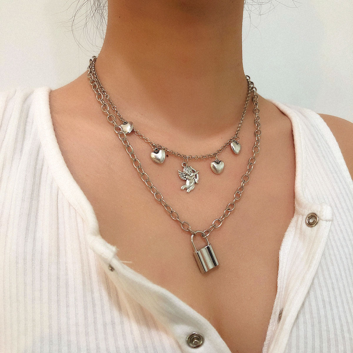 Collana vintage minimalista da donna con ciondolo geometrico a chiave lucchetto in lega