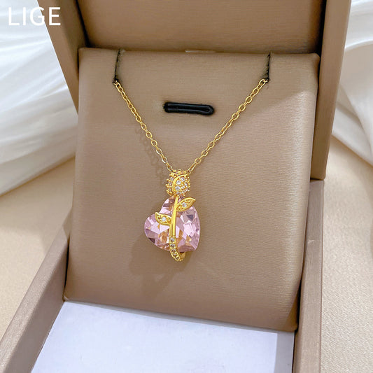 Collar con Colgante de Corazón Rosa para Mujer, de Acero Inoxidable, Minimalista, Elegante, con Cadena a la Altura de la Clavícula y Detalles de Pedrería