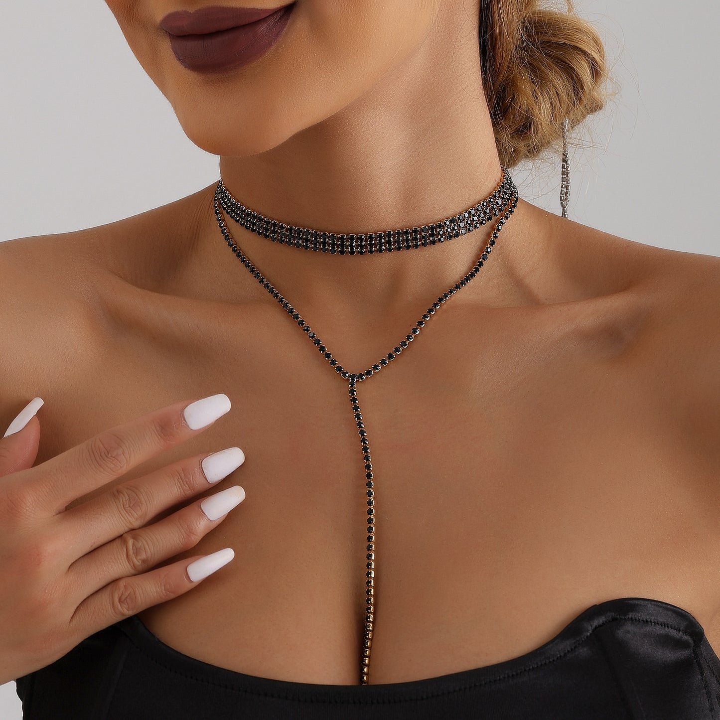 Geometric Style Long Layered Tassel Necklace for Women with Electroplated Metal Chain and Rhinestone Accents