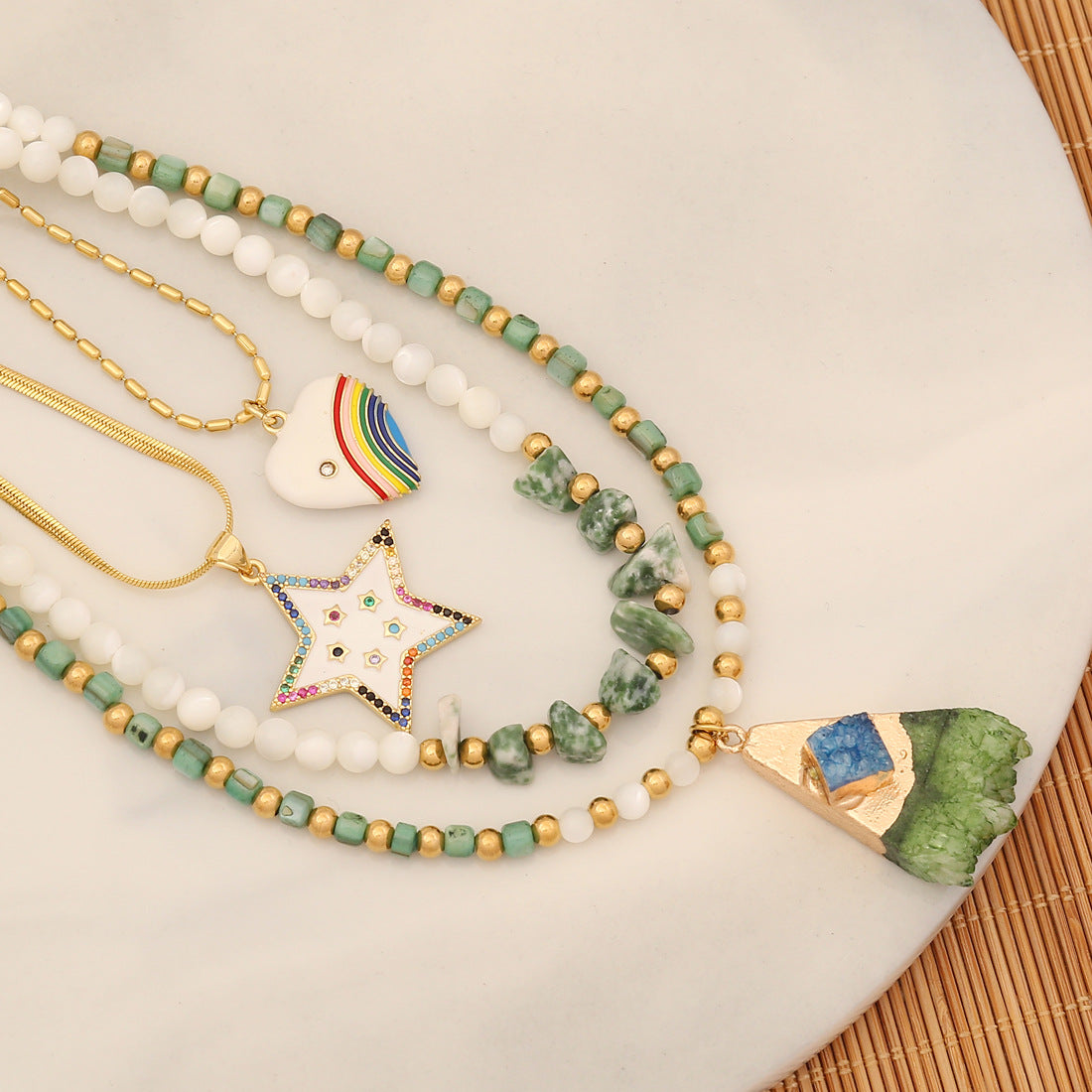Handmade Heart and Star Shaped Natural Stone Necklace in Copper Pendant on Stainless Steel Clavicle Chain for Women