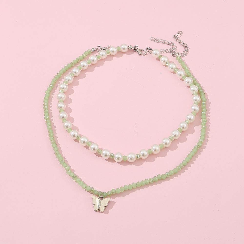 Conjunto de collar con colgante de mariposa minimalista para niñas con cuentas de cristal en cadena de bolas, joyería infantil estilo princesa dulce y linda
