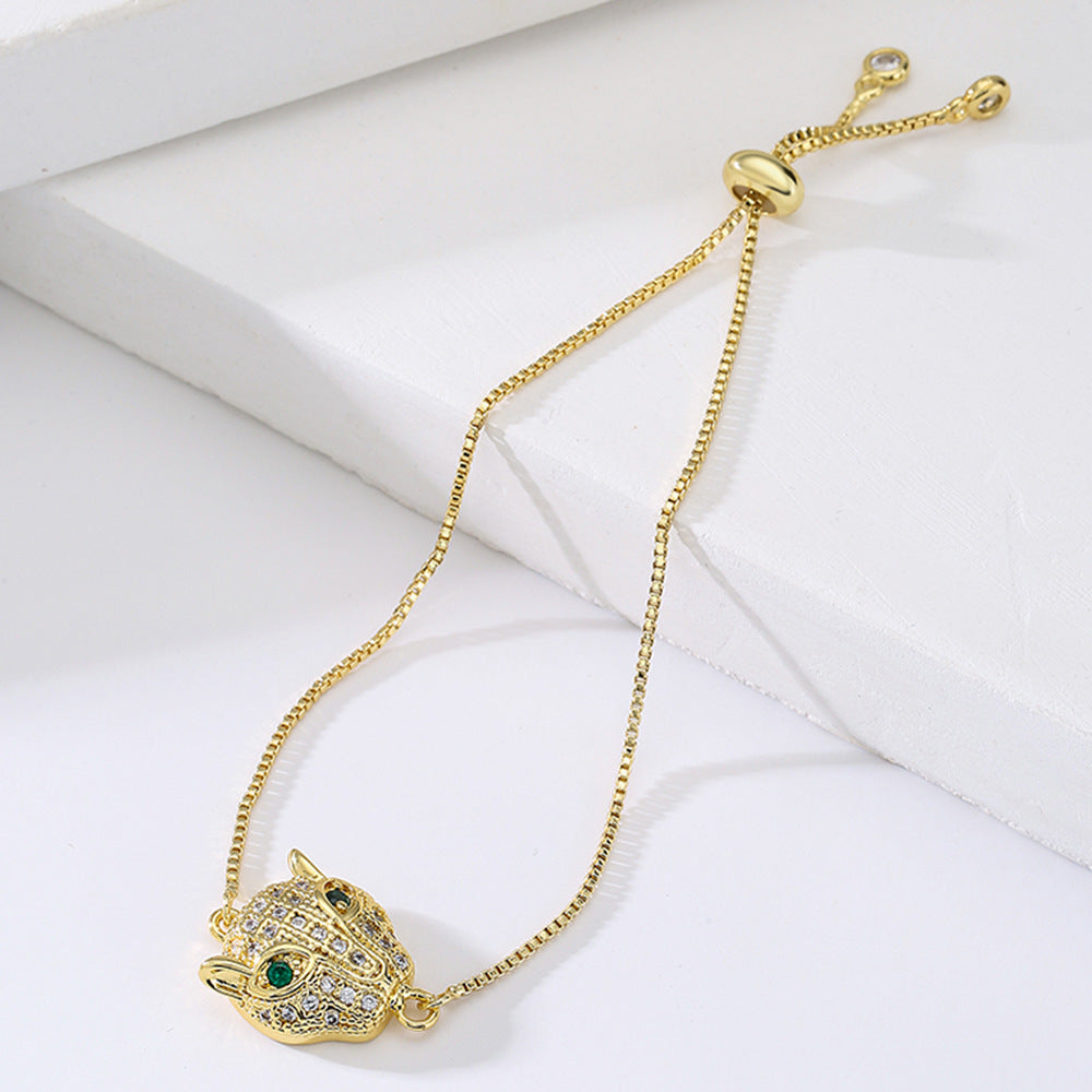 Minimalist Geometric Leopard Head Hand Chain for Women in Brass with Real Gold Plating and Zircon Inlay