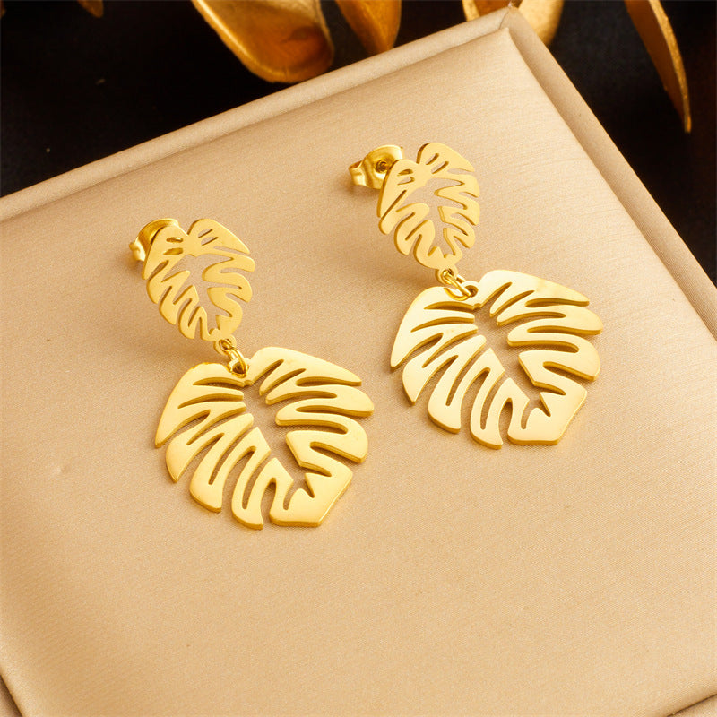Minimalist Vintage-Inspired Leaf-Shaped Titanium Steel Earrings with Gold Plating for Women