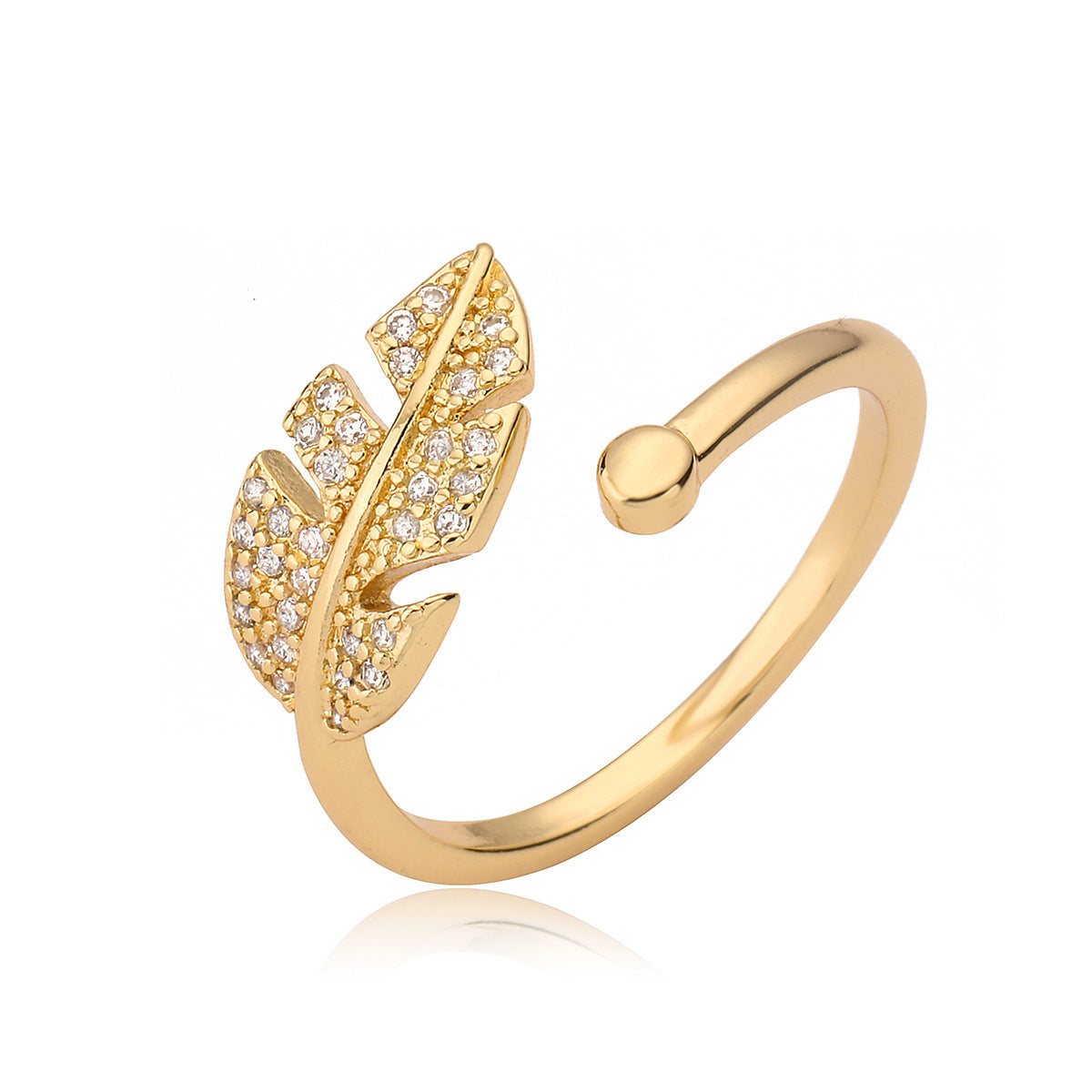 Minimalist 18K Gold Plated Brass Micro-Inlaid Cubic Zirconia Heart Leaf Open Ring for Women