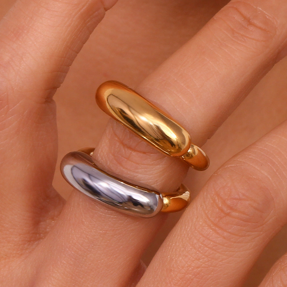 Minimalist Geometric Titanium Steel Ring with 18K Gold Plating and Contrasting Thick Band Smile Design