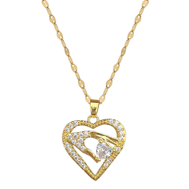 Collana Minimalista a Cuore in Acciaio al Titanio con Intarsio di Strass per Donna e Uomo, Delicata Catena alla Clavicola con Design Geometrico