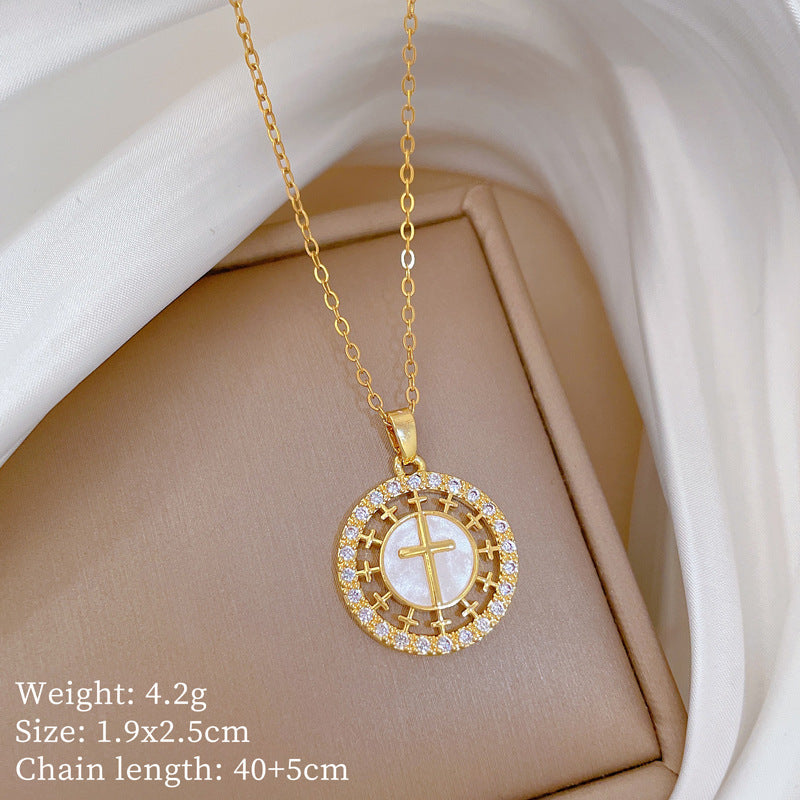 Sweet Minimalist Cross Micro-Inlaid Cubic Zirconia Brass Pendant Titanium Steel Necklace for Unisex
